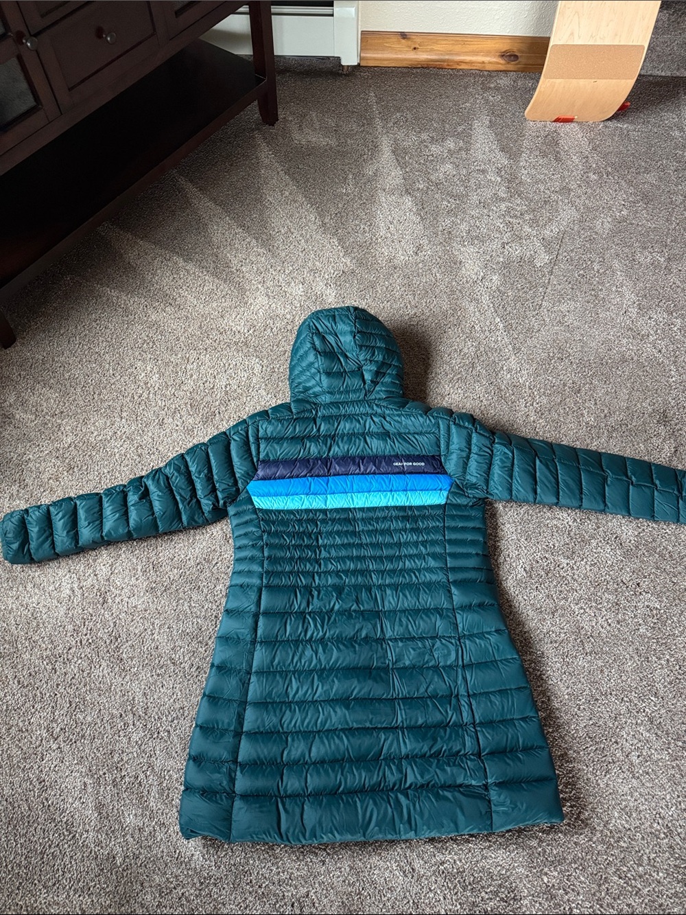 Cotopaxi Fuego Teal Hooded Long Puffer with Blue Stripe Accents - Picture 8 of 8
